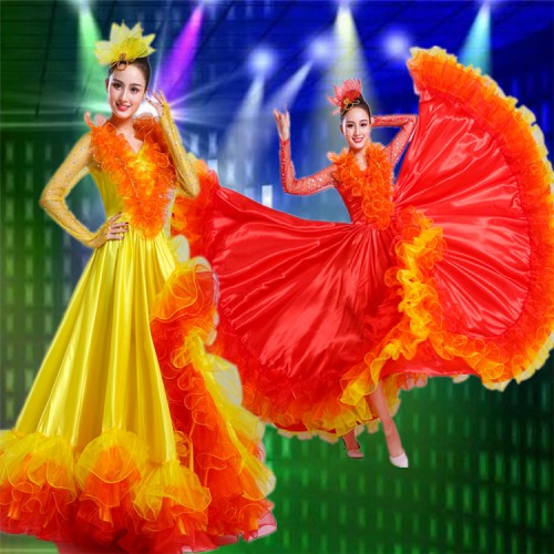 Women's red spanish flamenco dresses red yellow petal flowers spanish folk bull dance opening dance dresses